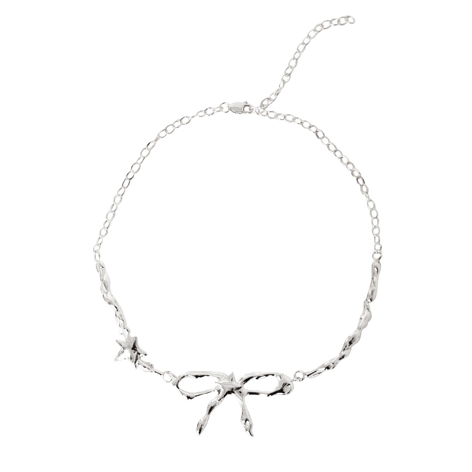 Silver necklace with branch-like design on a white background